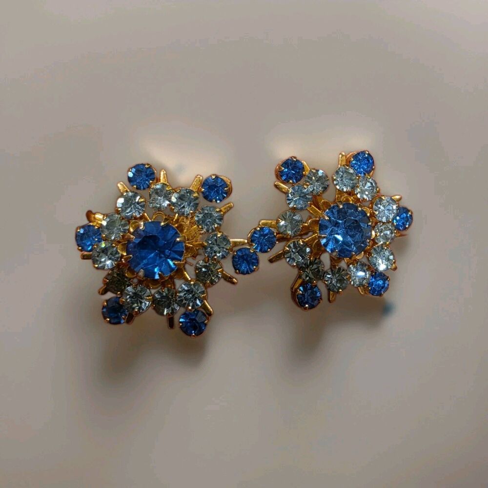Vintage Coro Blue Rhinestone Cluster Clip Earrings Signed Gold Tone